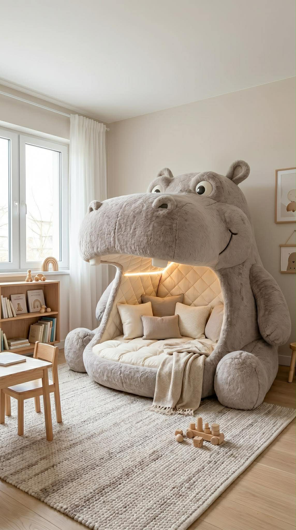 grey hippo sofa chair minimalist kids room neutral tones soft lighting cosy furniture