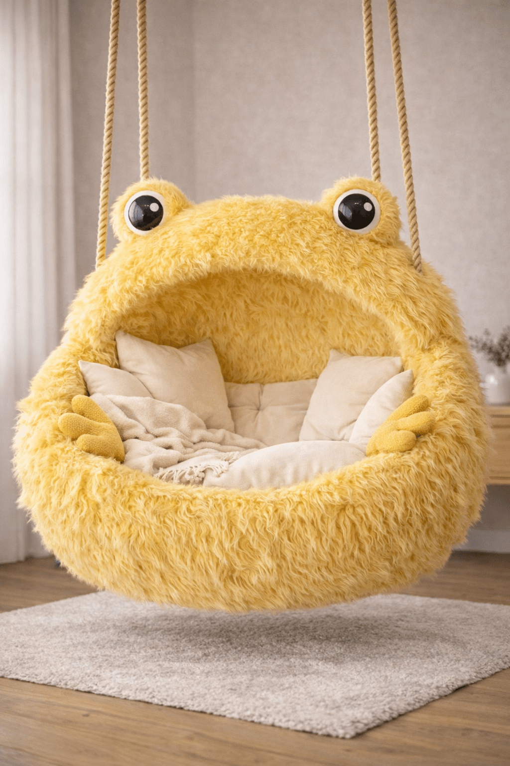 Yellow frog hanging chair adding warmth and colour to a living space