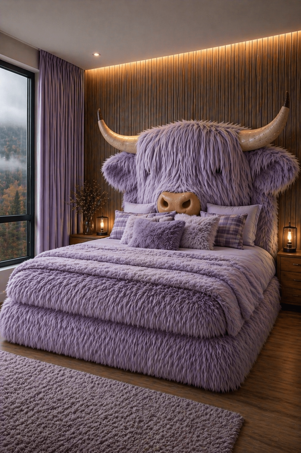 Plush lavender Highland cow bed with shaggy texture in a cosy modern bedroom