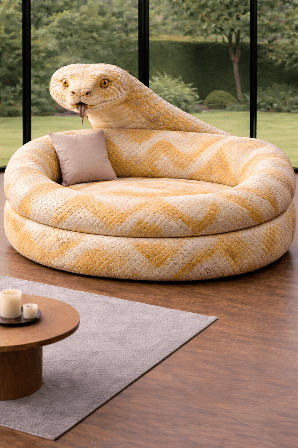 Cream and gold snake-shaped sofas with coiled design and raised snake head backrest in a bright modern interior