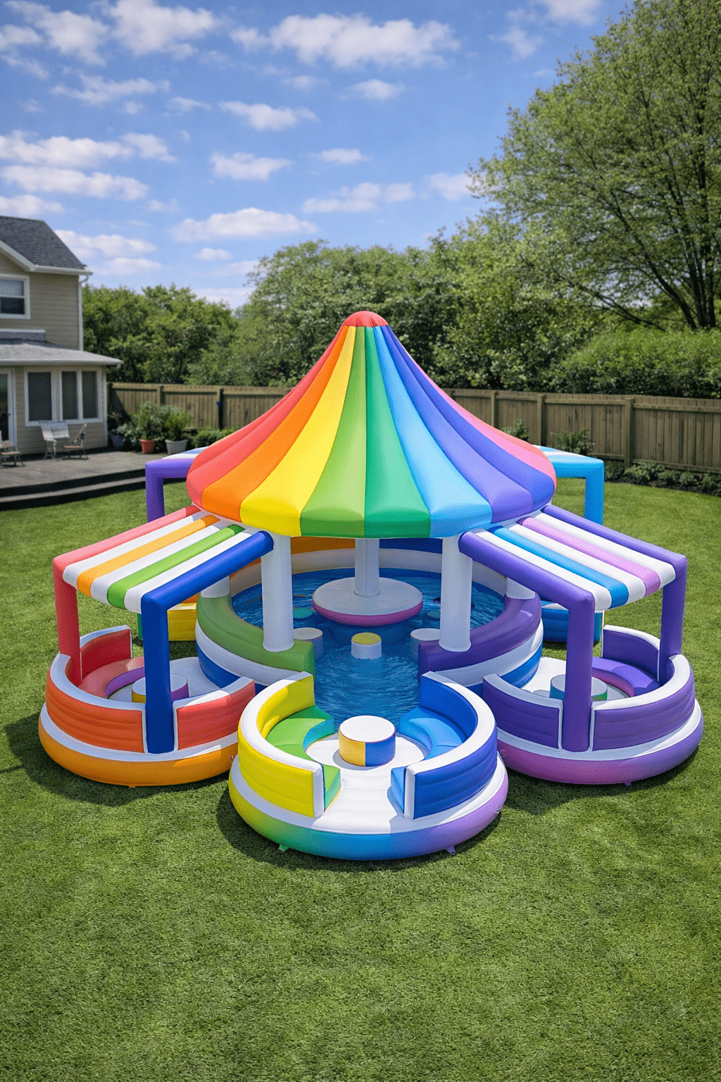 Colourful rainbow inflatable carousel paddling pool with canopy and seating