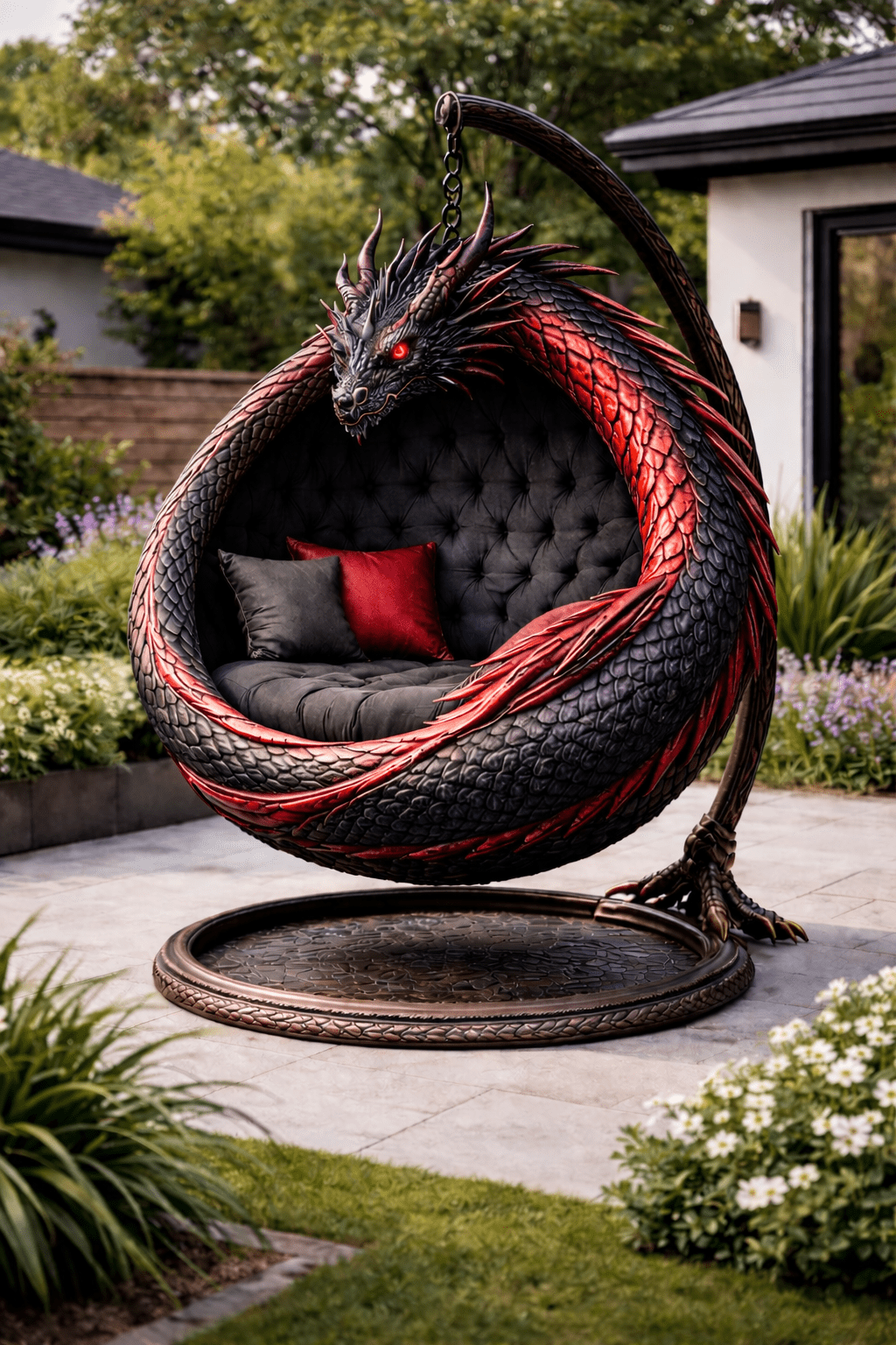 bold red black dragon egg swing chair gothic style outdoor hanging chair