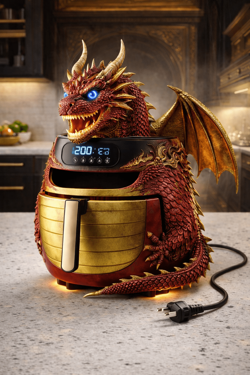 Red and gold dragon-shaped air fryer with glowing eyes on kitchen countertop