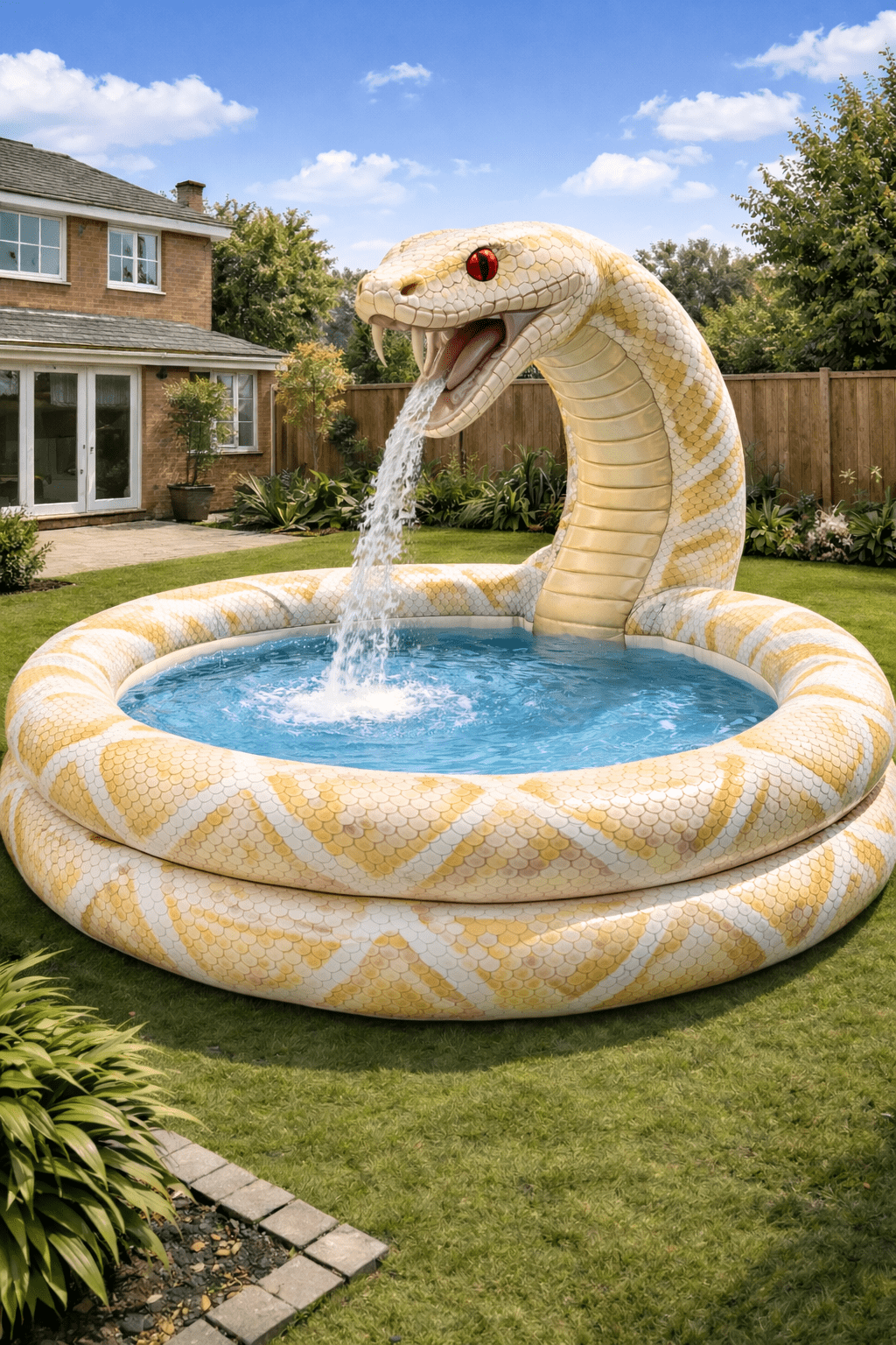 Cream and gold snake themed inflatable paddling pool with water fountain in a modern garden
