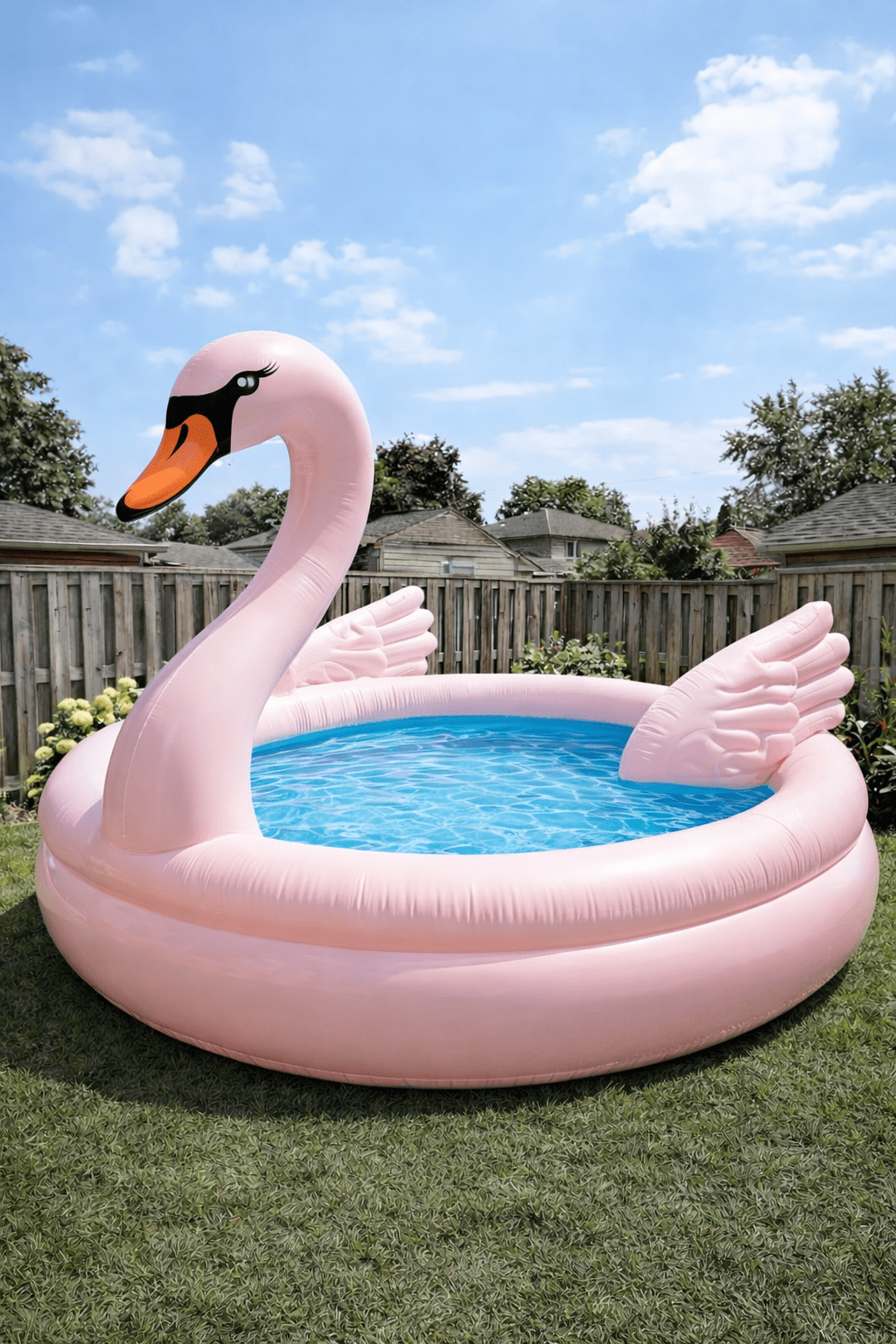blush pink swan paddling pool with wings and water in a backyard setting