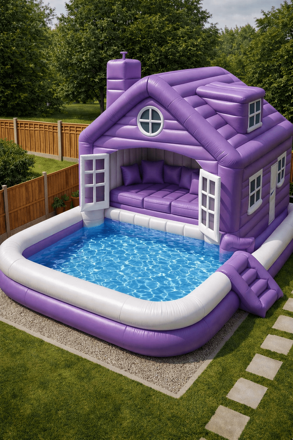 Purple inflatable house pool with shaded seating area and paddling pool in a garden