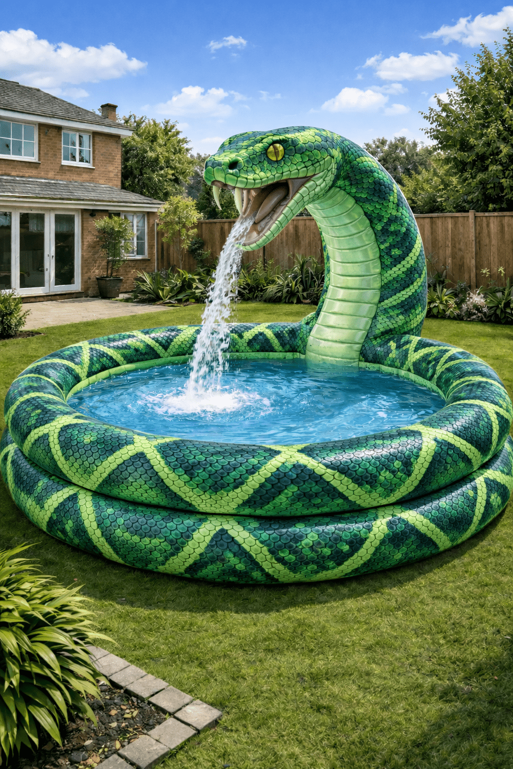 Green snake inflatable paddling pool with realistic scales and built-in water sprayer