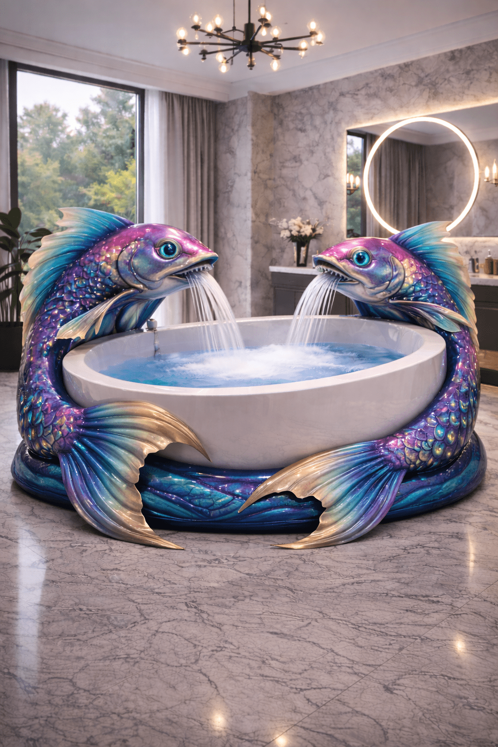 Colourful fish-shaped luxury bathtub with shimmering scales and water flow feature