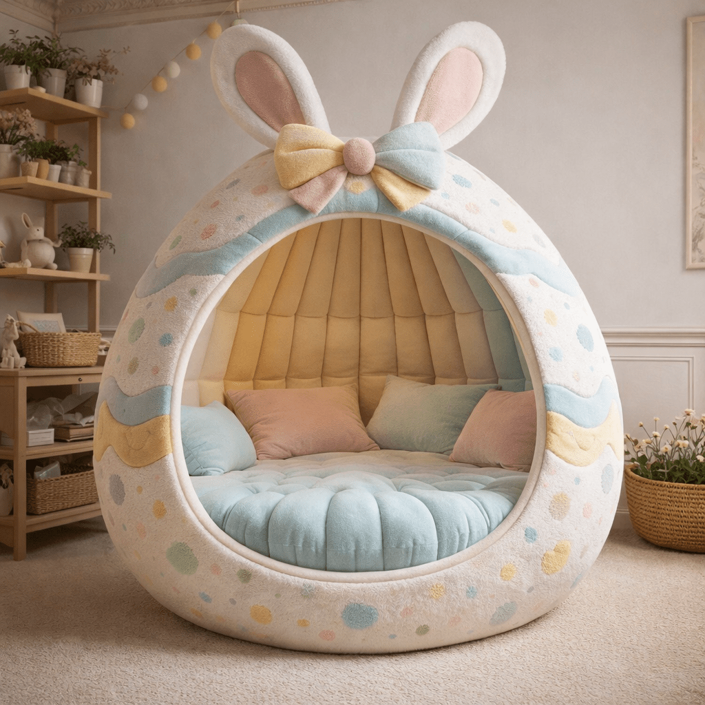 Easter egg pod chair with bunny ears and pastel bow in a soft interior setting