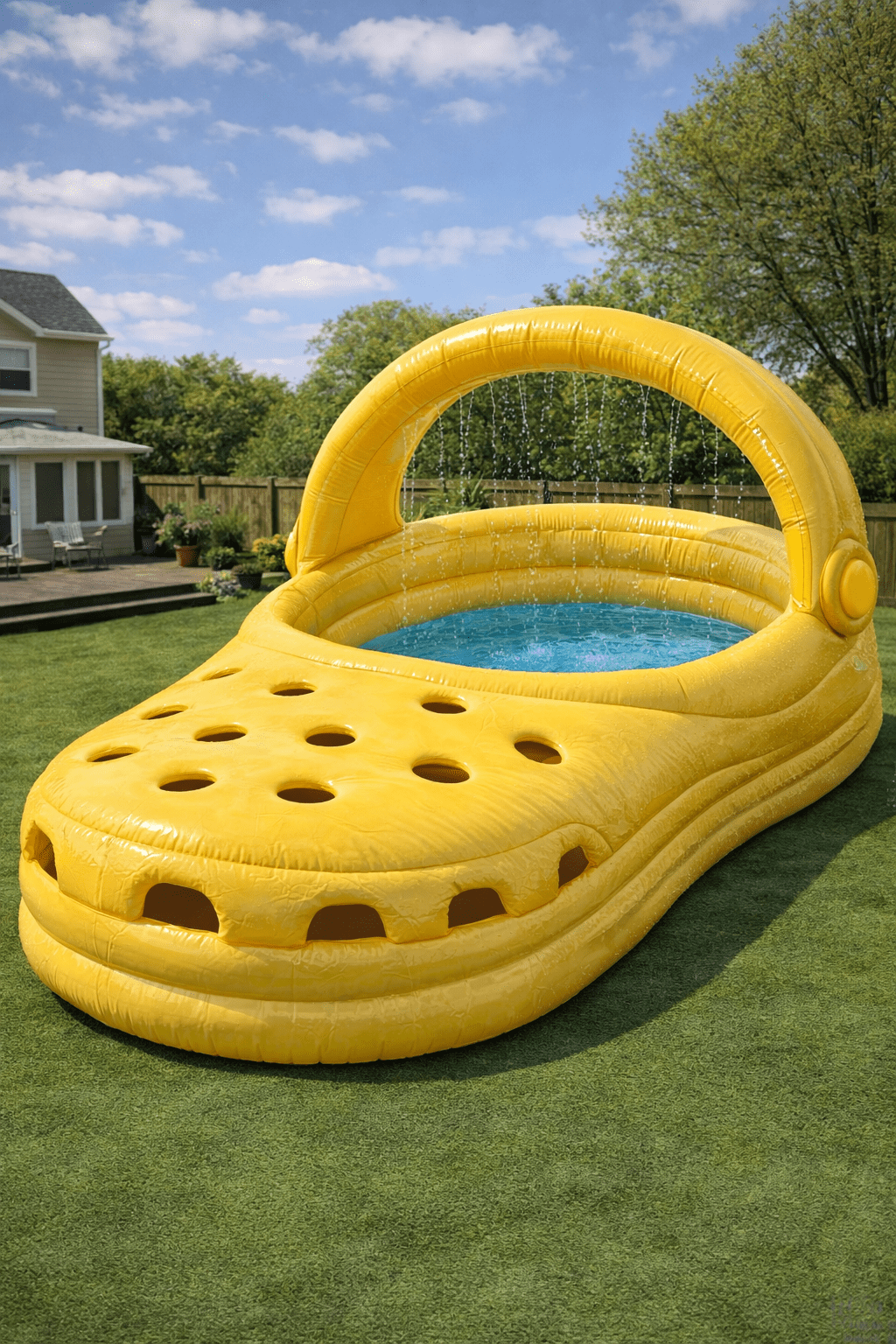 Bright yellow Crocs-shaped inflatable pool with overhead water spray in a modern garden