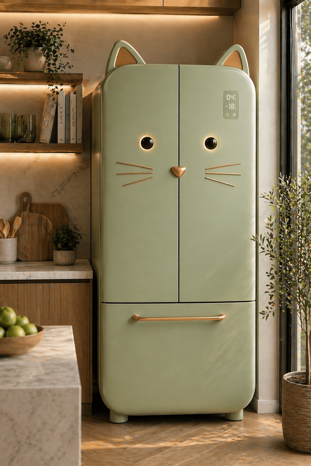 Sage green cat-shaped fridge freezer with minimalist design in a contemporary kitchen