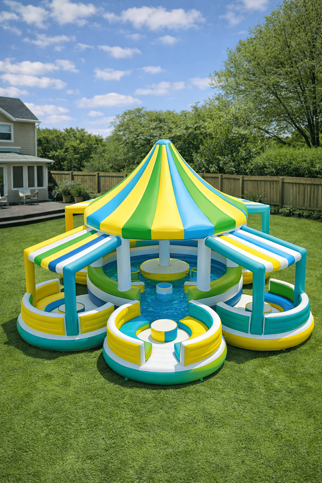 Bright inflatable carousel paddling pool in yellow green and blue with shaded canopy