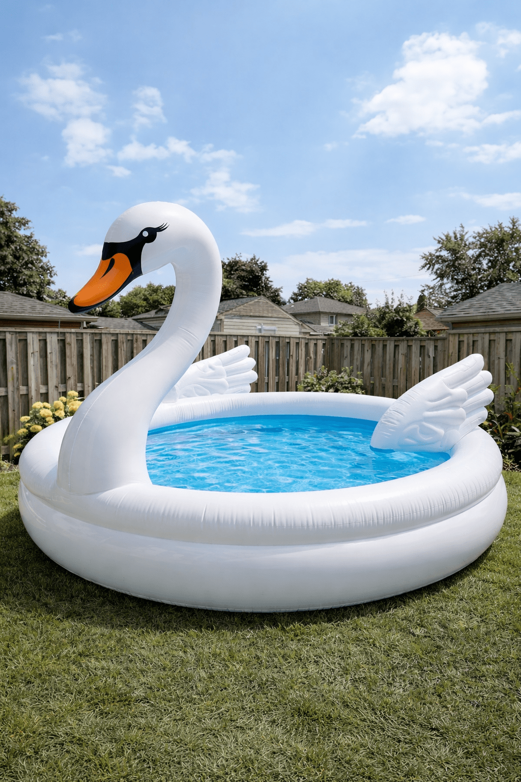white inflatable swan paddling pool with clear blue water on grass
