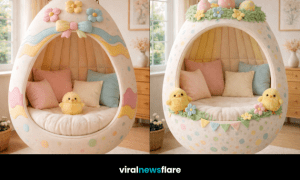 Pastel Easter egg hanging chair with soft cushions and decorative spring-themed details in a cosy home setting