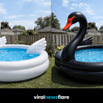 stylish inflatable swan paddling pool creating a luxury garden summer setup
