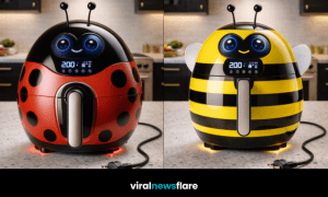 Assorted animal-themed air fryers including ladybird, bee, butterfly and frog designs on kitchen counter