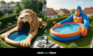 Collection of large animal-themed inflatable paddling pools including giraffe, elephant, whale and lion designs