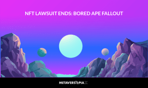 Futuristic metaverse-style landscape with planets and mountains illustrating NFT lawsuit ending and Bored Ape fallout in crypto industry