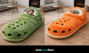 Oversized Crocs-inspired slipper bed showcasing cosy plush design in a modern home