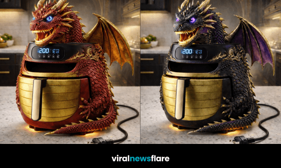 Collection of dragon-shaped air fryers in red, blue, green and black designs