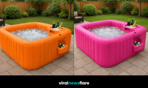 Collection of colourful inflatable hot tub pools with integrated drink holders in a modern garden