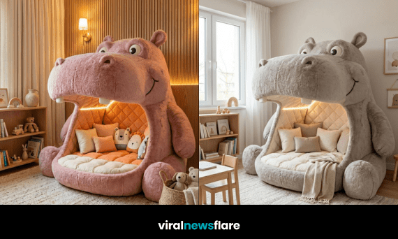 giant hippo sofa chair plush oversized animal seating cosy creative interior design
