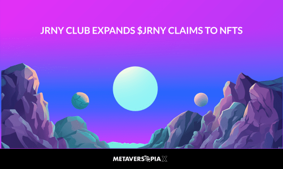 Futuristic Web3 landscape with planets and mountains representing JRNY Club expanding $JRNY token claims to the wider NFT ecosystem