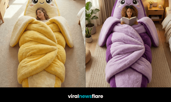 Collection of colourful banana-shaped plush sleeping pods in stylish home interiors