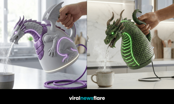 collection of dragon-shaped electric kettles with LED lighting in modern kitchen setting