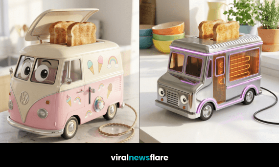 Collection of creative car-shaped toasters in various styles displayed in modern kitchens