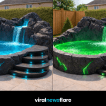 Stunning LED lava-inspired garden pool with glowing water, rock waterfall, and illuminated steps