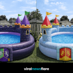 Collection of colourful inflatable castle paddling pools displayed in a sunny garden