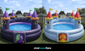 Collection of colourful inflatable castle paddling pools displayed in a sunny garden