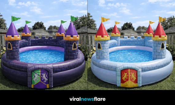Collection of colourful inflatable castle paddling pools displayed in a sunny garden