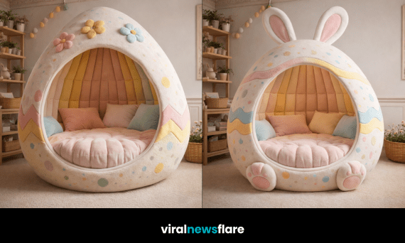 cosy Easter egg pod chair with pastel colours and soft cushions in a modern home