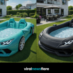 Collection of luxury supercar inflatable pools in different colours in a modern garden