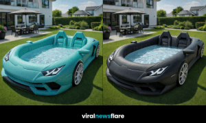 Collection of luxury supercar inflatable pools in different colours in a modern garden