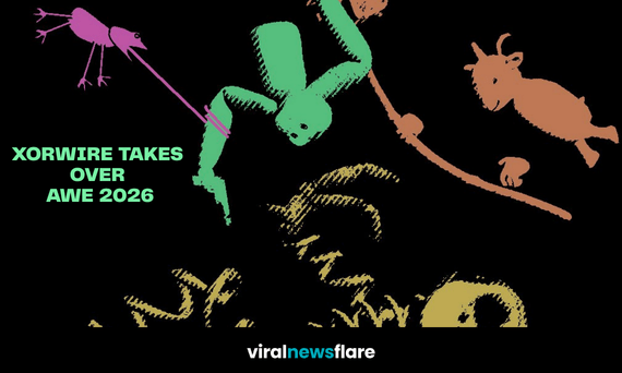Abstract VR-themed graphic promoting XORWIRE at AWE 2026 with colourful characters and bold event text