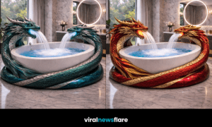 Large dragon-shaped bathtub with dual water features creating a luxury statement bathroom design