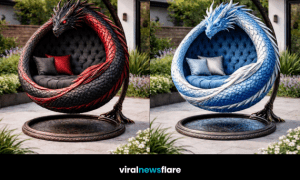 ornate dragon egg swing chair hanging in stylish modern garden patio