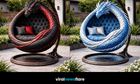 ornate dragon egg swing chair hanging in stylish modern garden patio