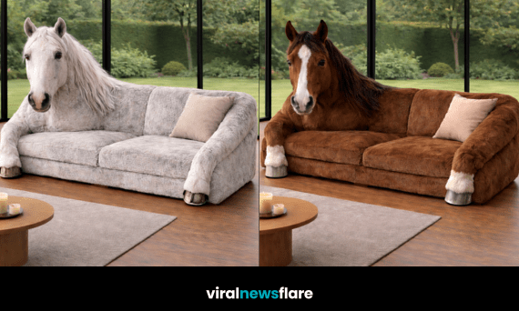 Collection of horse shaped sofas in black brown gold and white colours in modern interiors