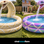 Large snake inflatable paddling pool with fountain feature as a garden centrepiece