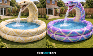 Large snake inflatable paddling pool with fountain feature as a garden centrepiece