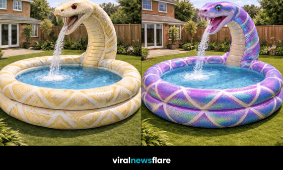 Large snake inflatable paddling pool with fountain feature as a garden centrepiece