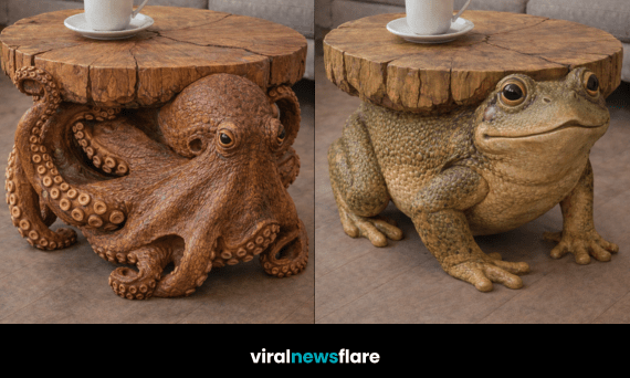 Collection of animal-shaped coffee tables including lion, bear, frog and octopus designs