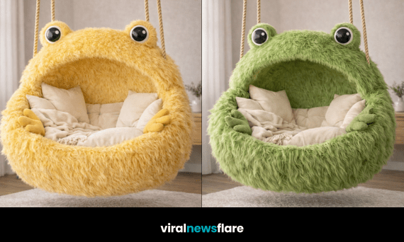 Collection of colourful frog hanging chairs in blue, green, yellow, and pink styles