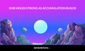 Futuristic purple crypto landscape with planets and mountains representing Shiba Inu SHIB holding strong as accumulation builds in the market