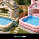 Inflatable house pools in multiple colours creating stylish outdoor garden spaces