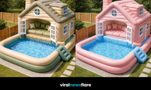 Inflatable house pools in multiple colours creating stylish outdoor garden spaces